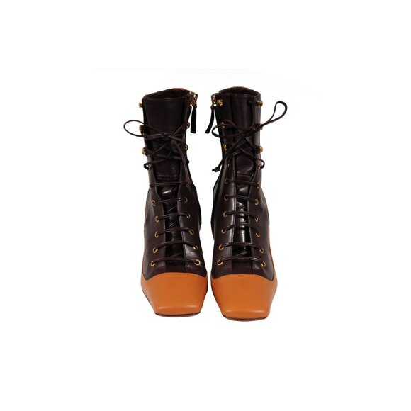 Manu Atelier Womens Duck Lace Up Boots US 7 EU 37 Brown Leather Square Toe - Picture 2 of 10